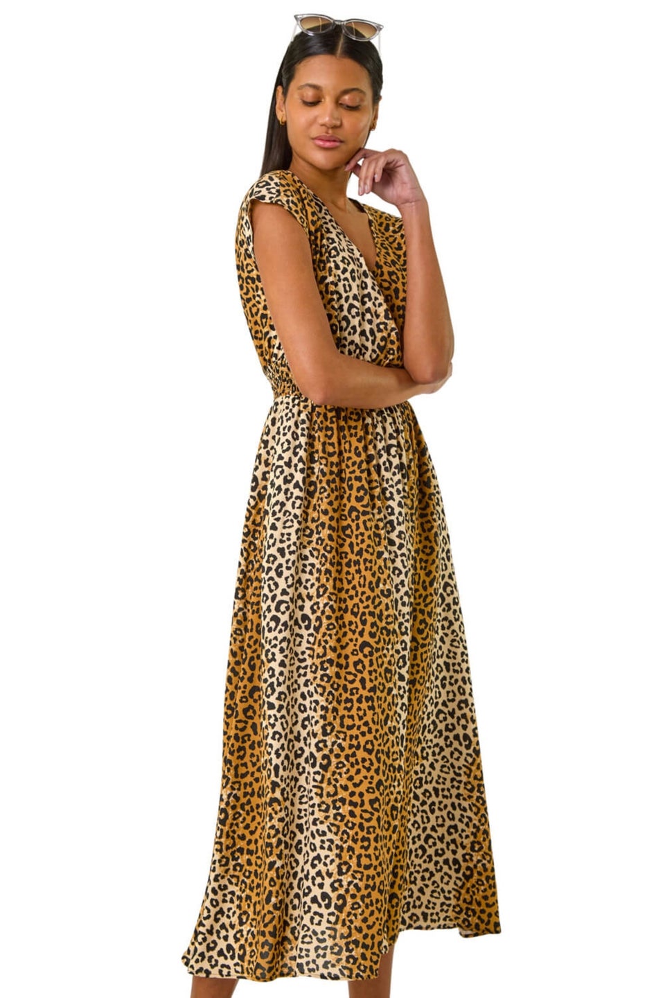 Roman Camel Animal Print Shirred Waist Maxi Dress
