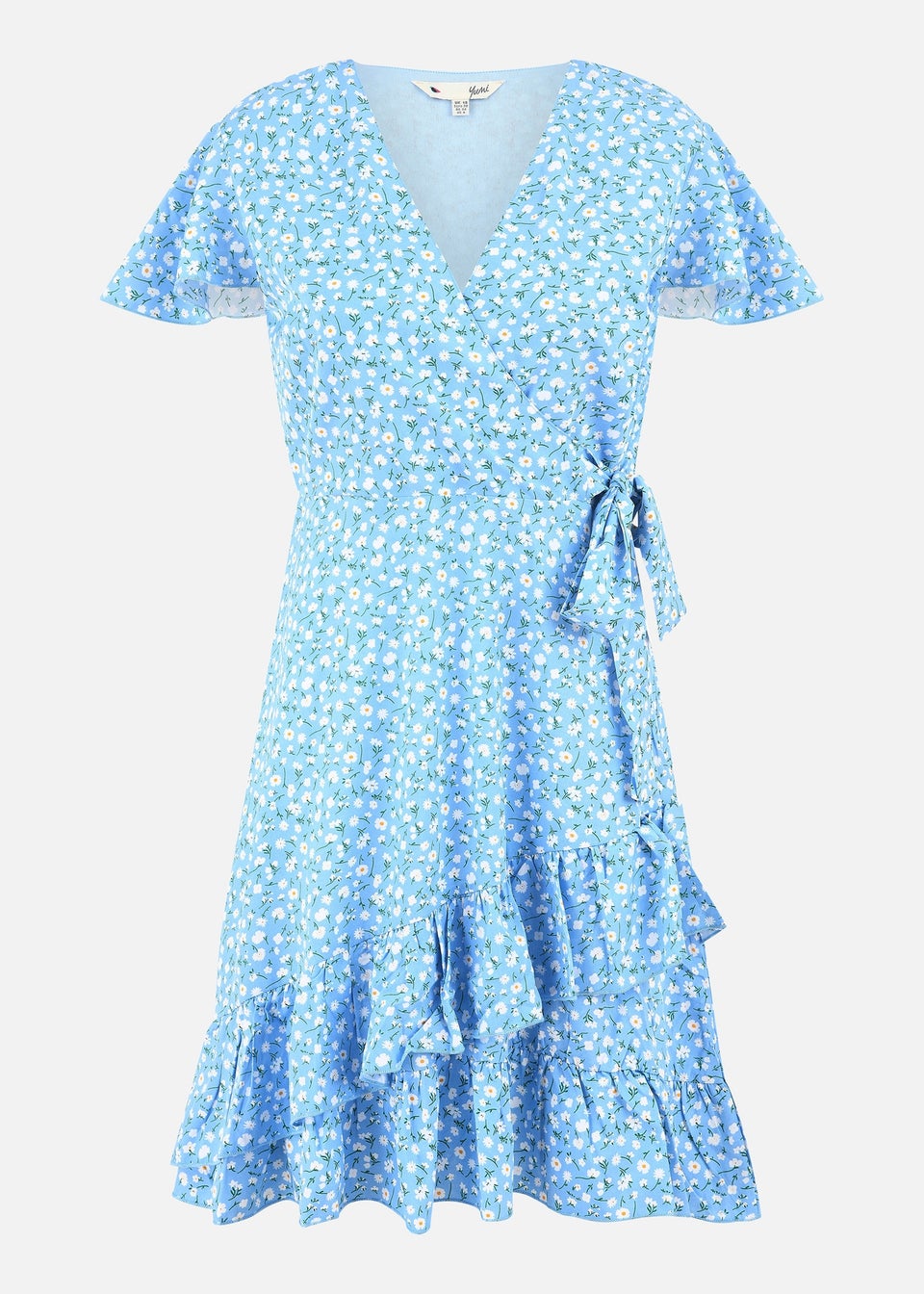 Yumi Blue Ditsy Floral Wrap Frill Dress