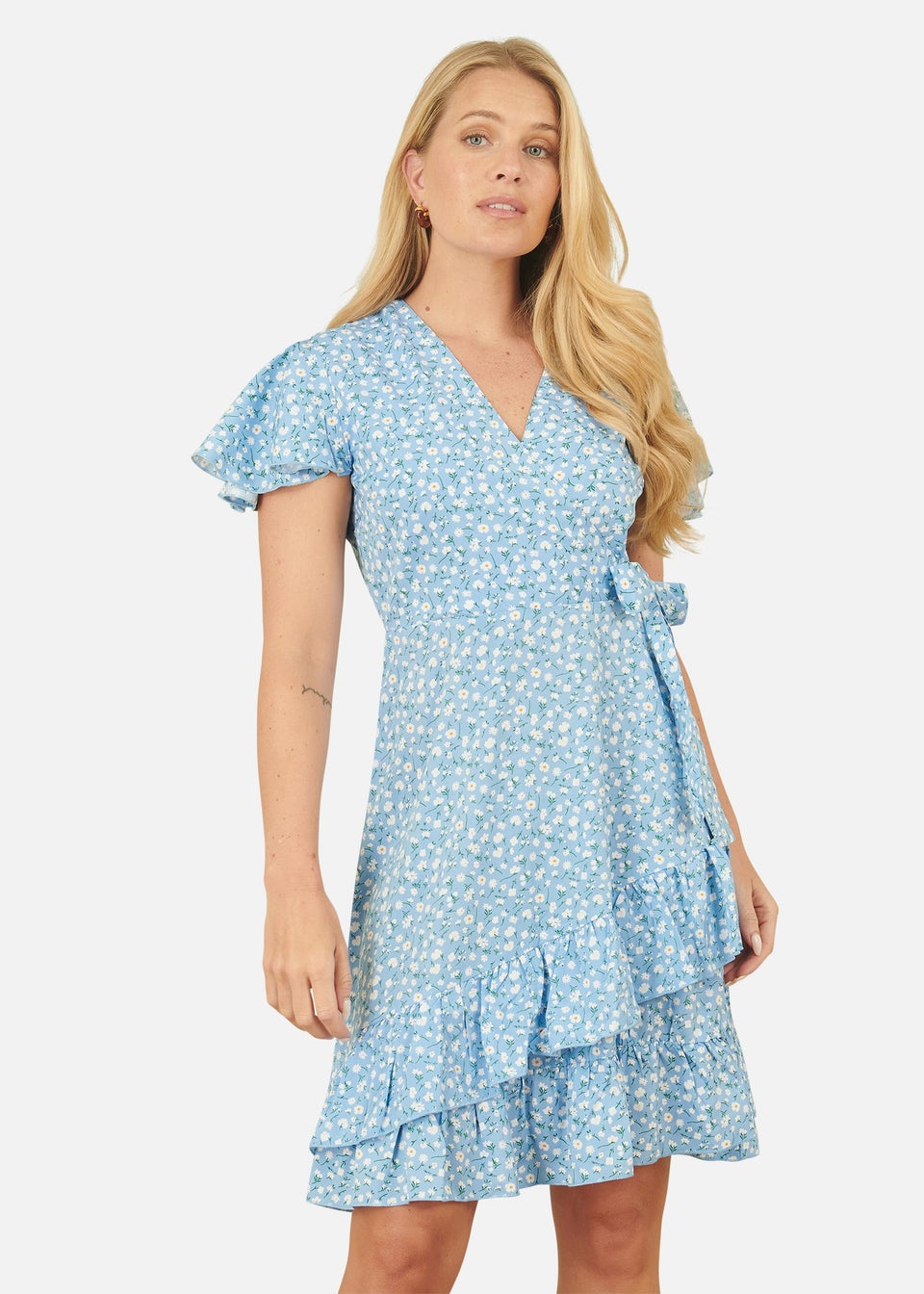 Yumi Blue Ditsy Floral Wrap Frill Dress