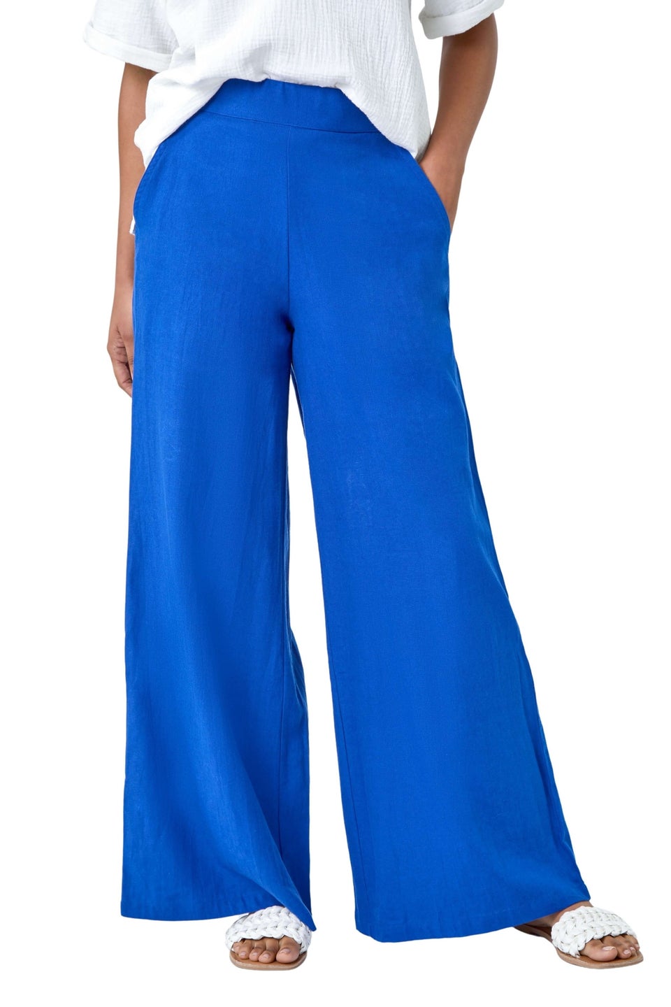 Roman Royal Blue Linen Blend Elastic Waist Wide Leg Trousers