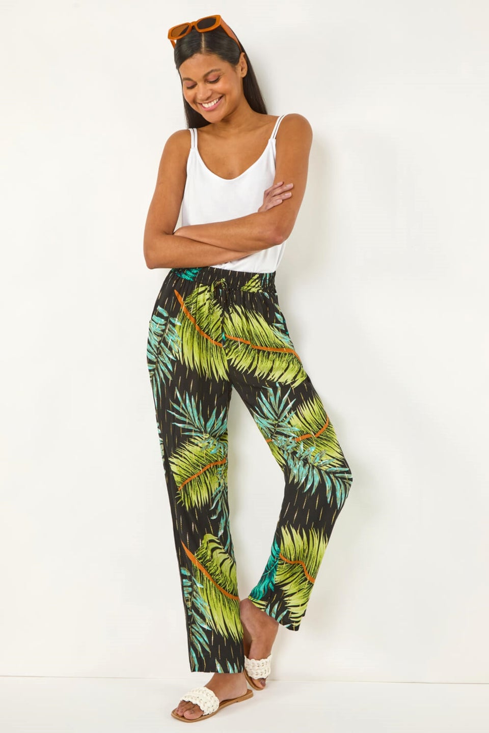 Roman Black Shimmer Palm Print Harem Trouser