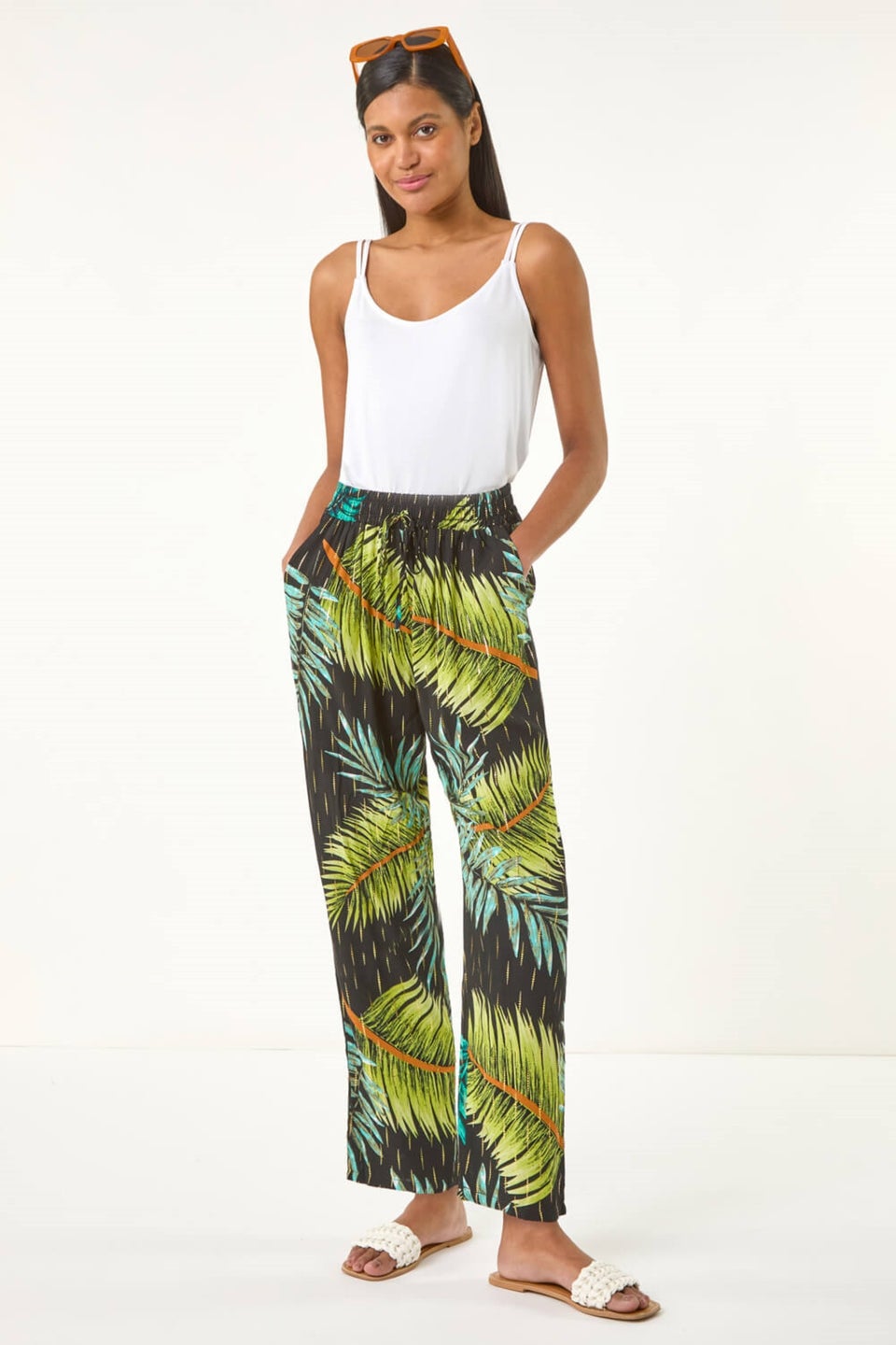 Roman Black Shimmer Palm Print Harem Trouser