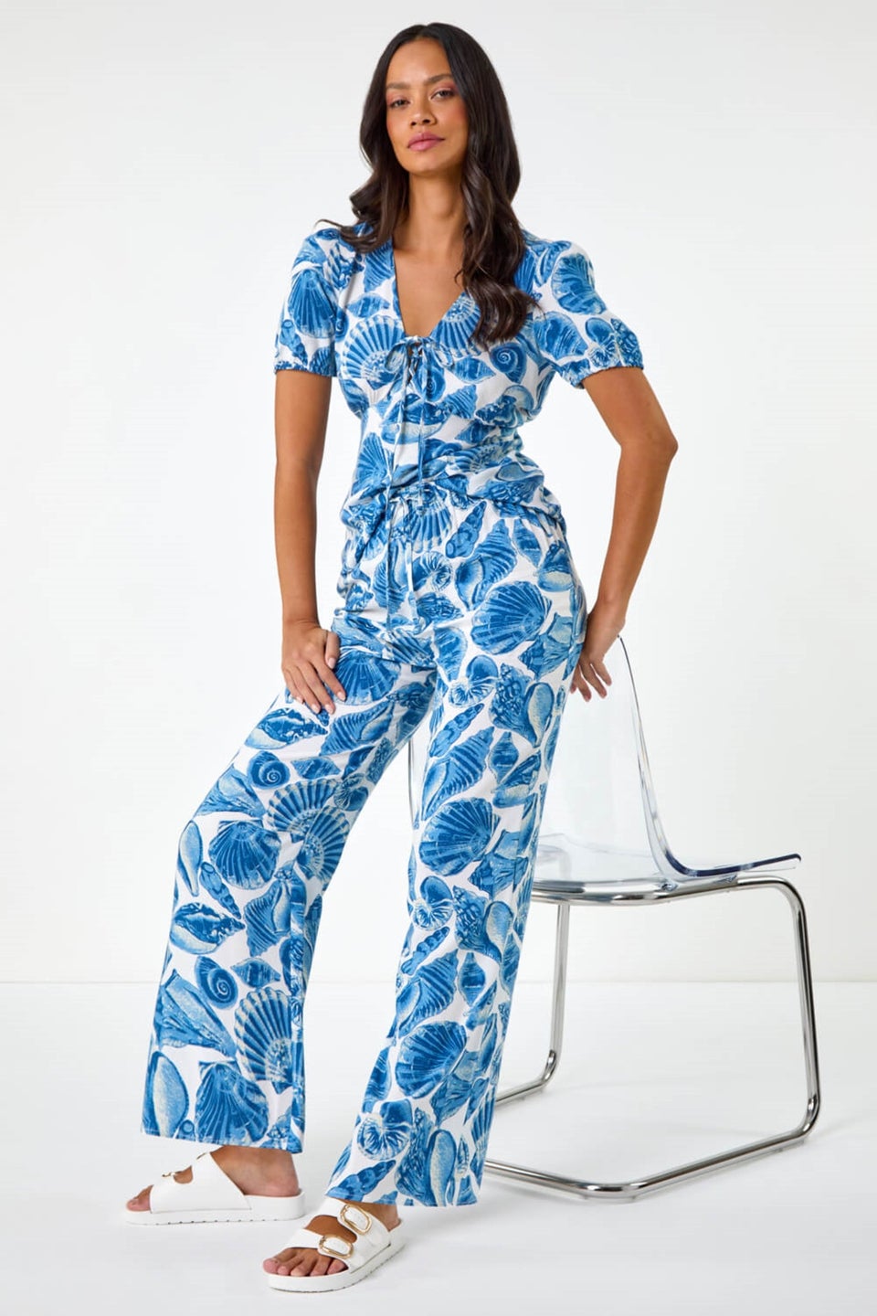 Dusk Blue Dusk Shell Print Wide Leg Trousers