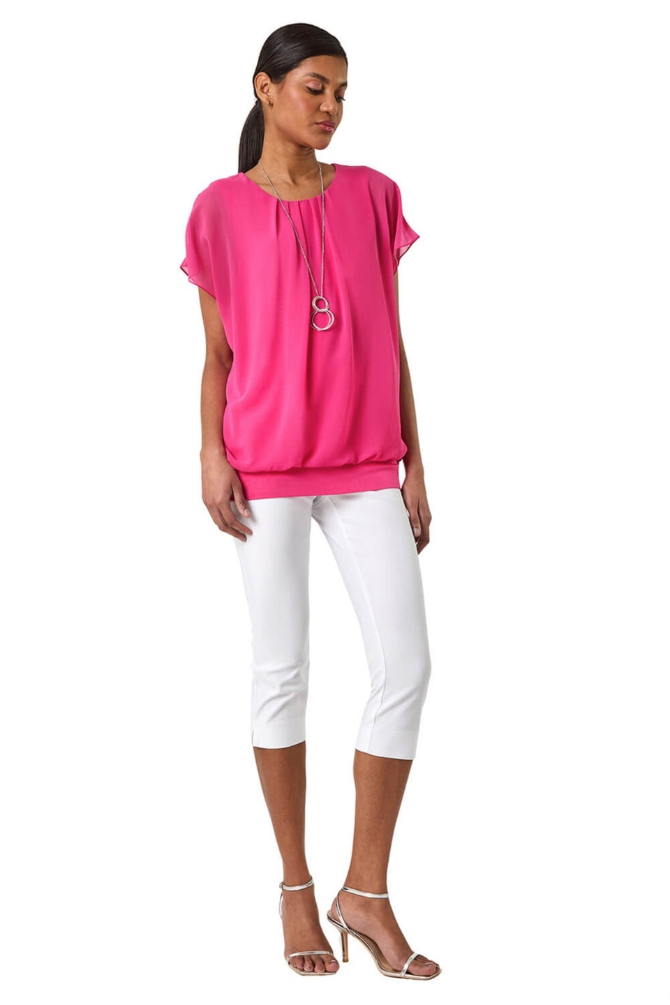 Roman Candy Pink Chiffon Jersey Blouson Top With Necklace