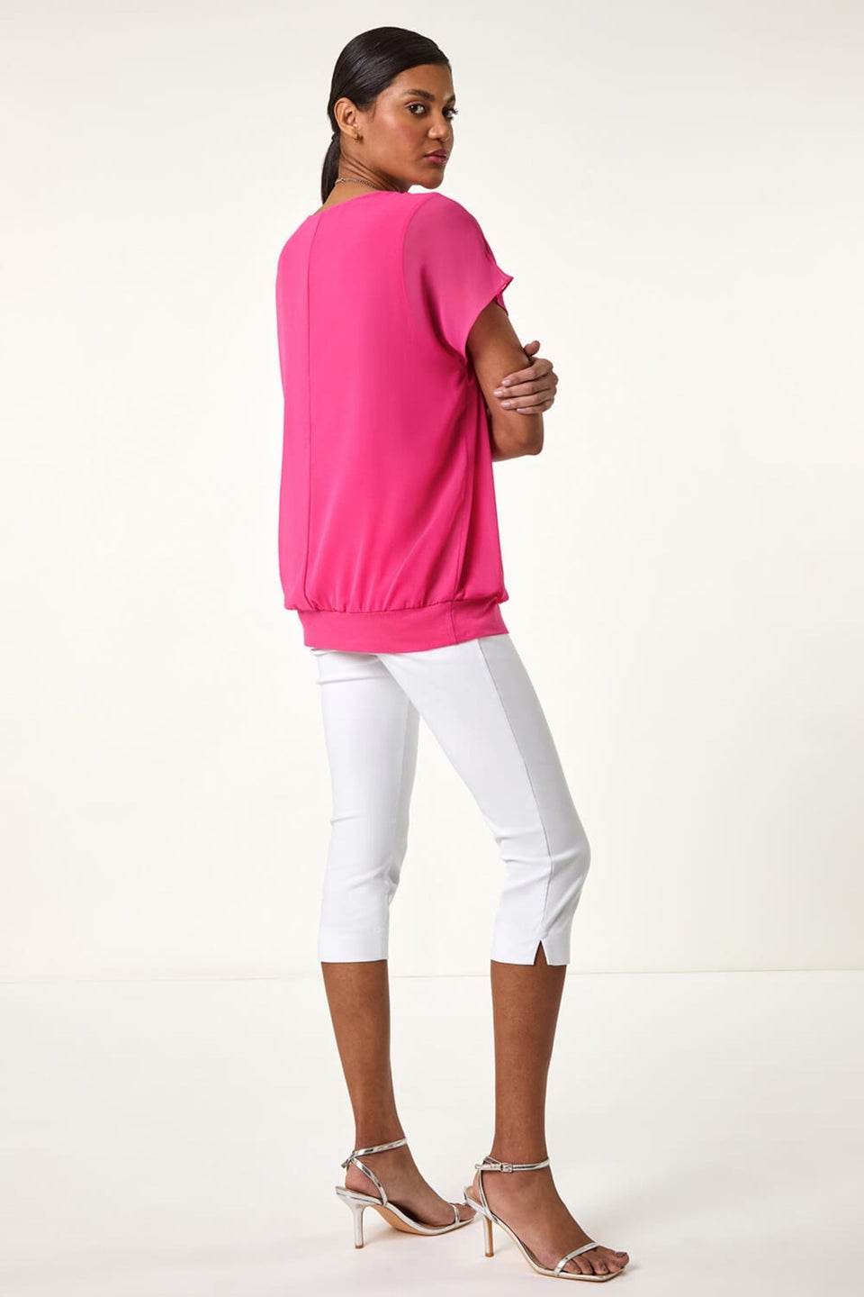 Roman Candy Pink Chiffon Jersey Blouson Top With Necklace