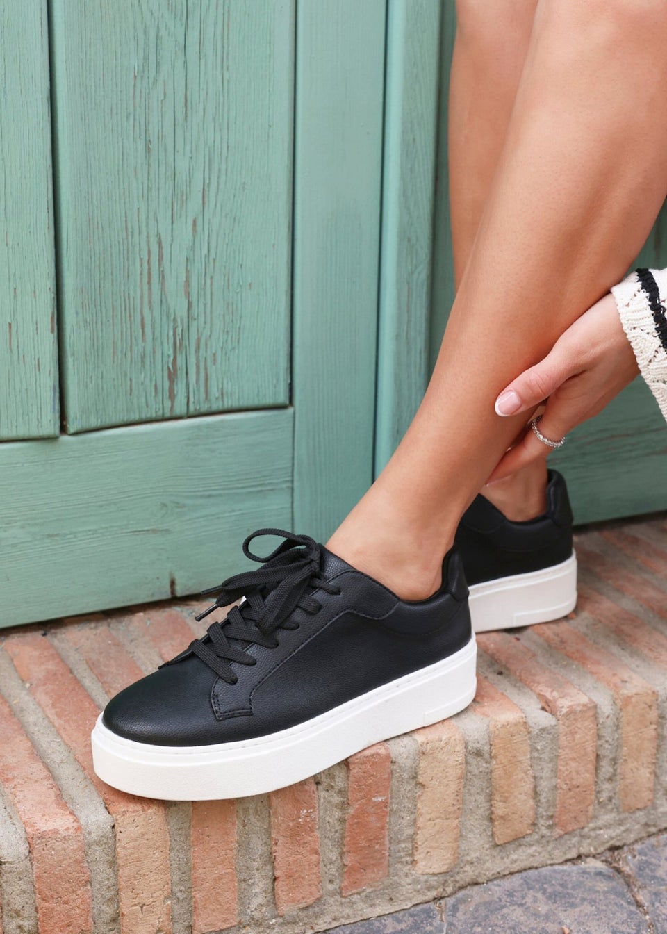 Linzi Jersey Black Faux Leather Lace Up Flatform Trainers