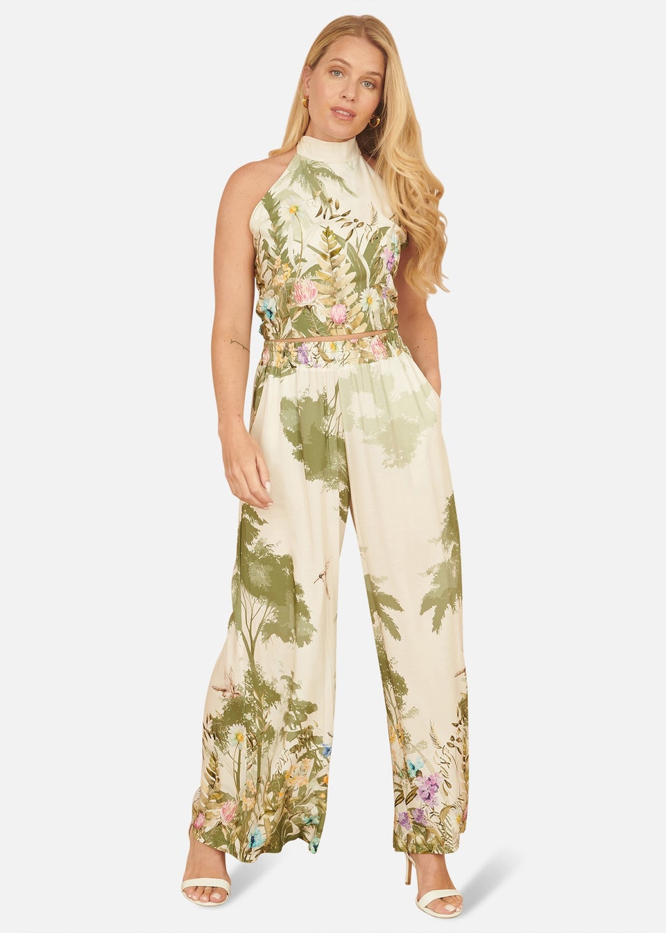 Yumi White Palm Print Halter Neck Top