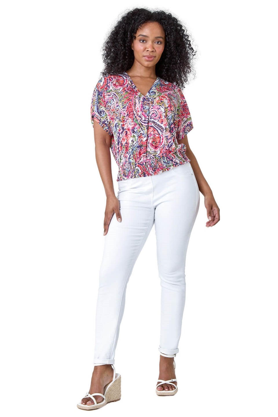 Roman Pink Petite Paisley Shirred Hem Stretch Top