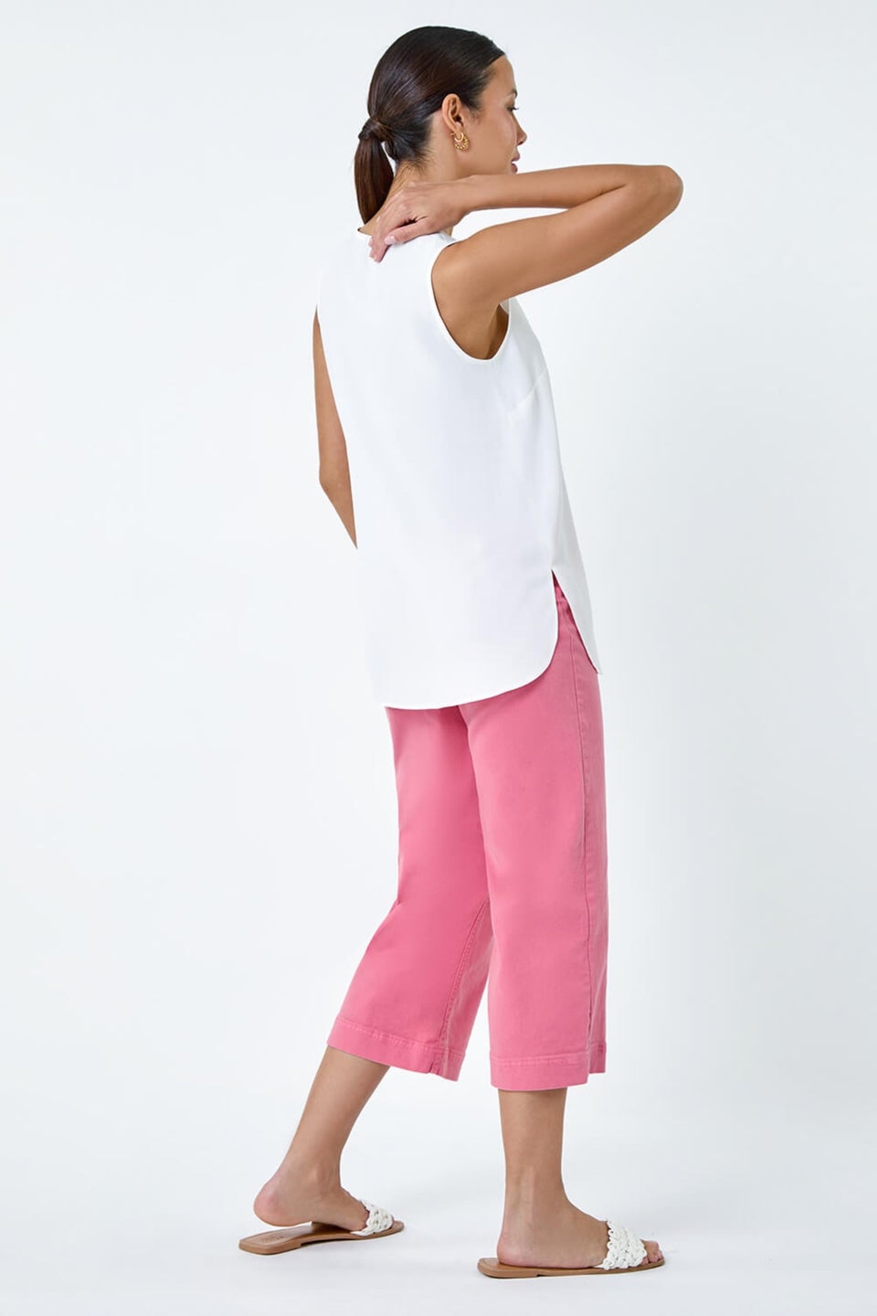 Roman Ivory V Neck Sleeveless Pleat Chiffon Vest Top