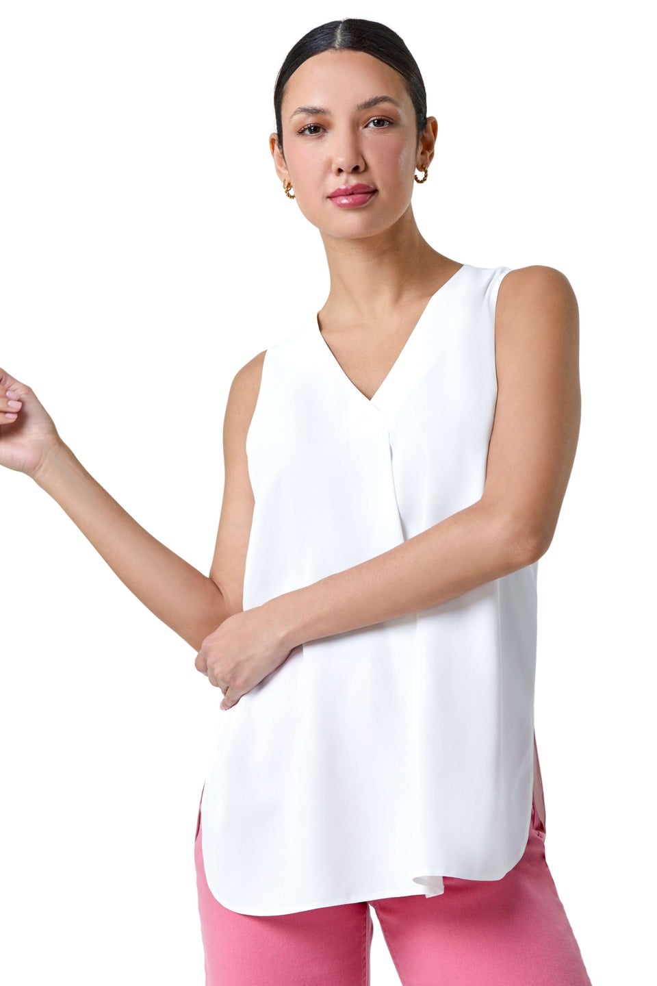 Roman Ivory V Neck Sleeveless Pleat Chiffon Vest Top