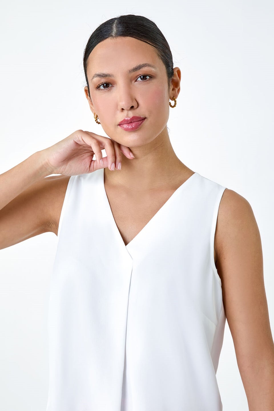 Roman Ivory V Neck Sleeveless Pleat Chiffon Vest Top
