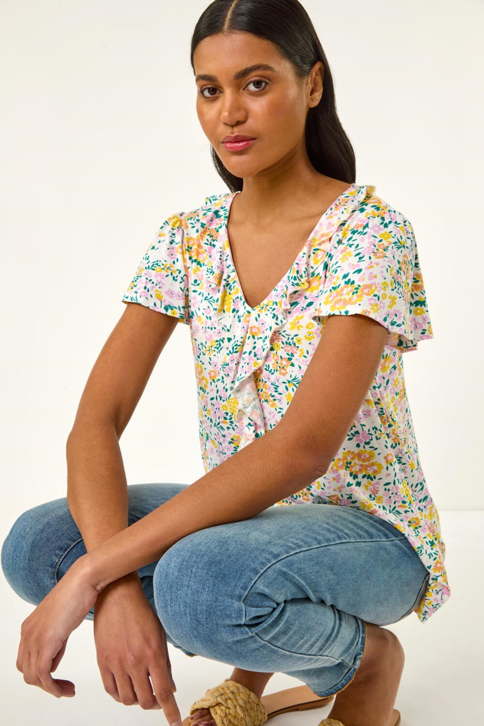 Roman White Floral Print Ruffle V Neck Top