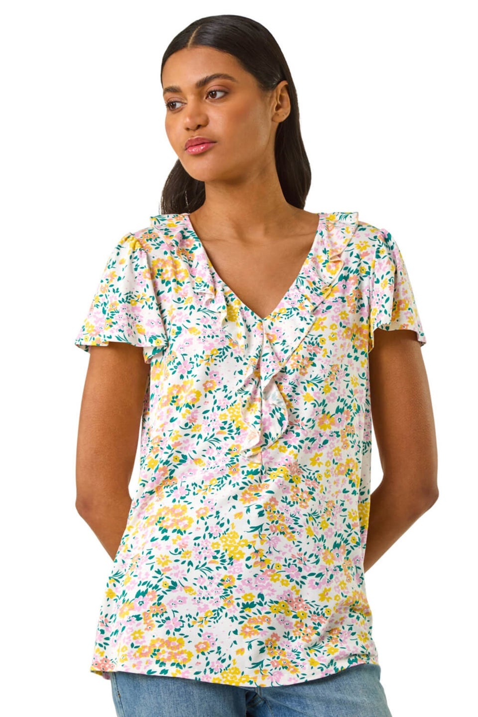 Roman White Floral Print Ruffle V Neck Top