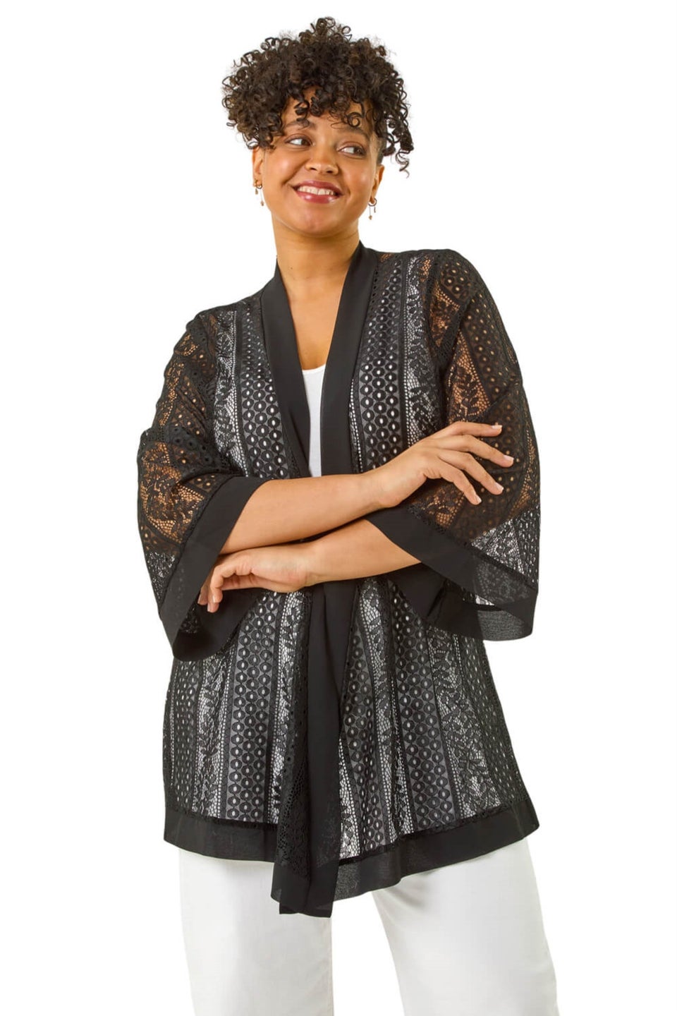 Roman Black Curve Crochet Knit Cardigan