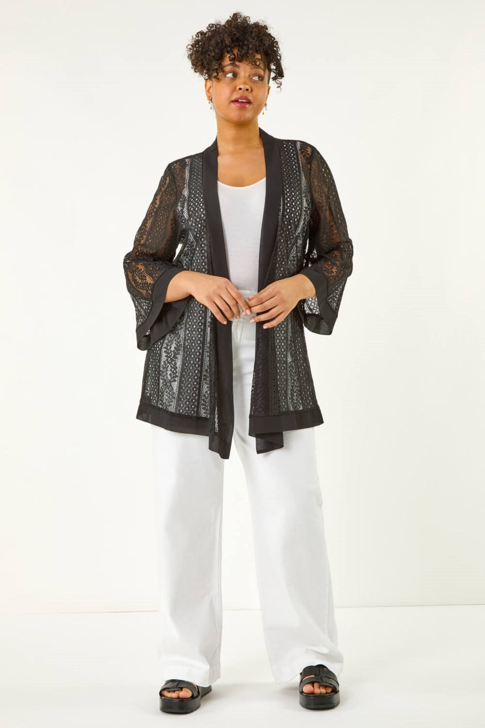 Roman Black Curve Crochet Knit Cardigan