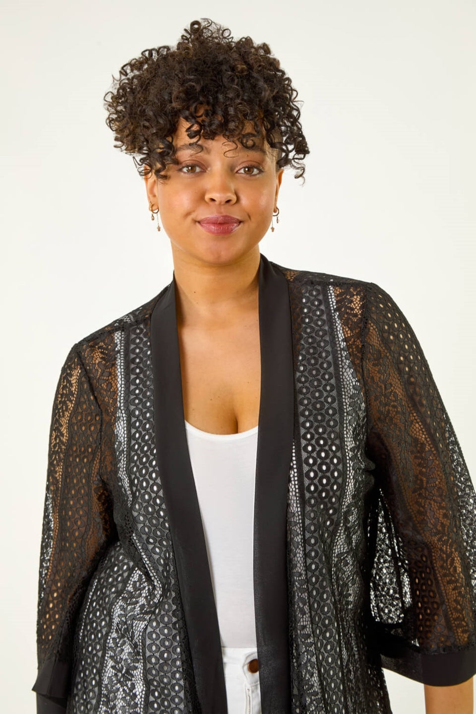 Roman Black Curve Crochet Knit Cardigan