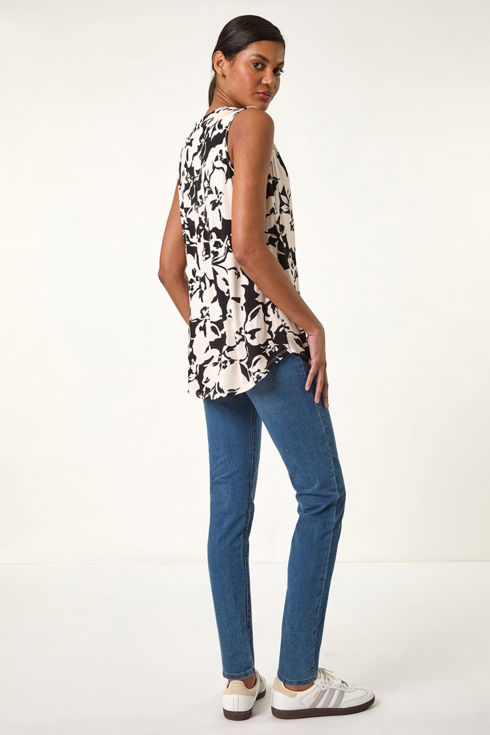 Roman Black Floral Print V Neck Vest Top