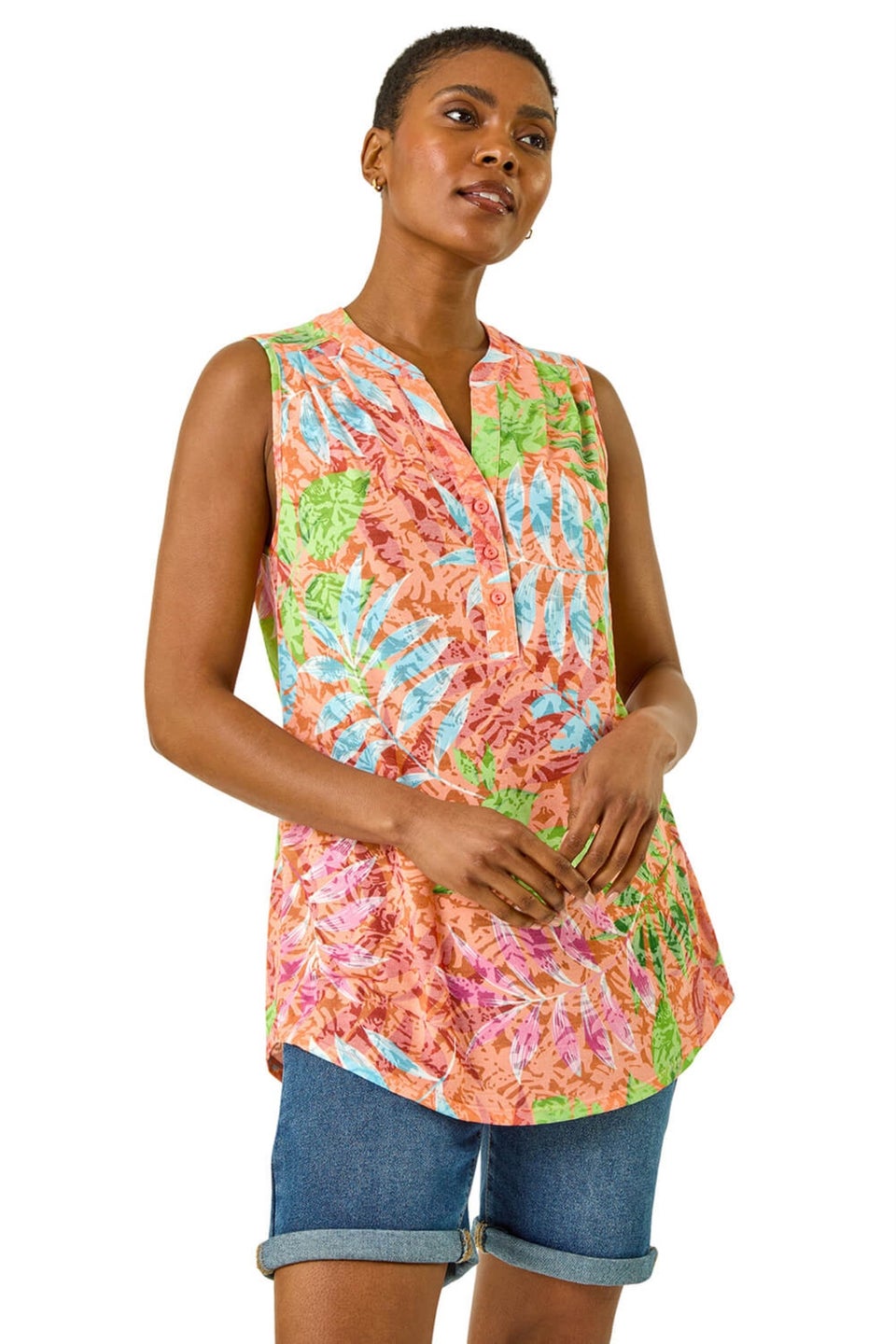 Roman Orange Burnout Leaf Print Vest Top