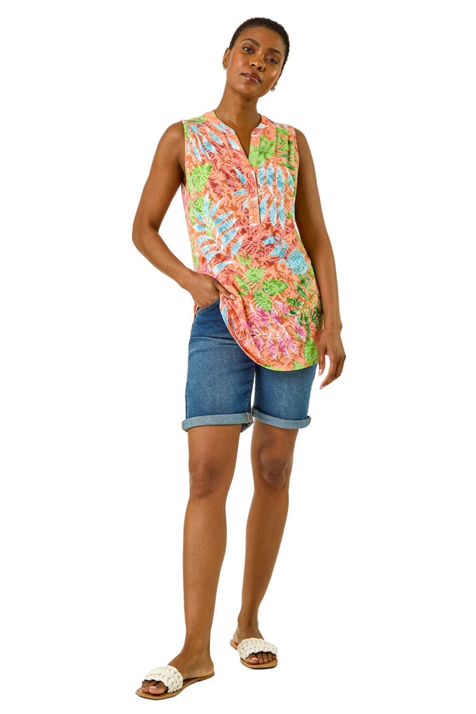 Roman Orange Burnout Leaf Print Vest Top