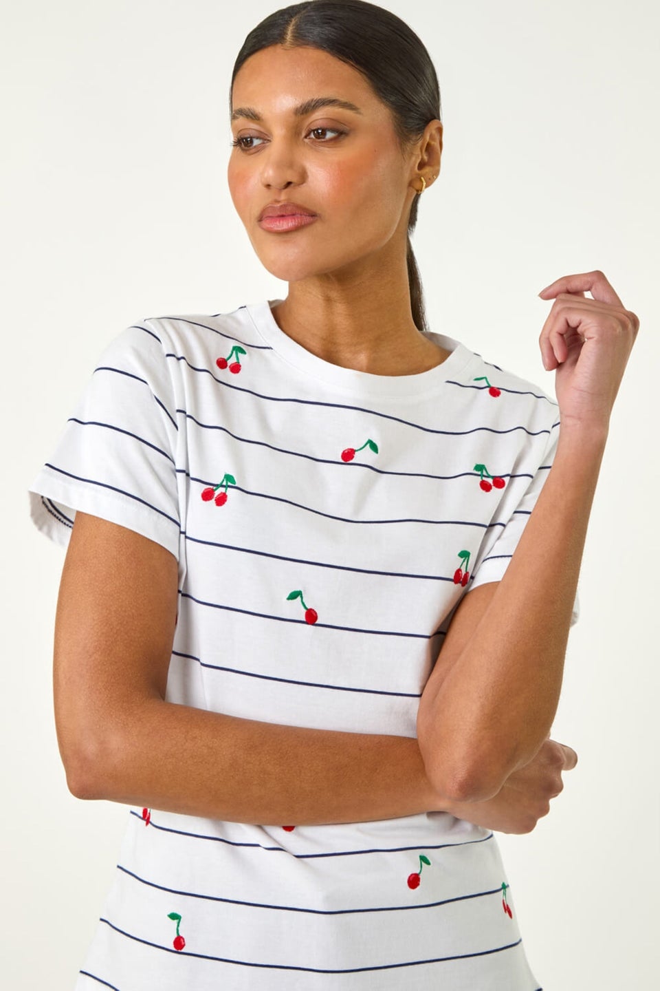 Roman Ivory Cherry Embroidered Stripe T Shirt