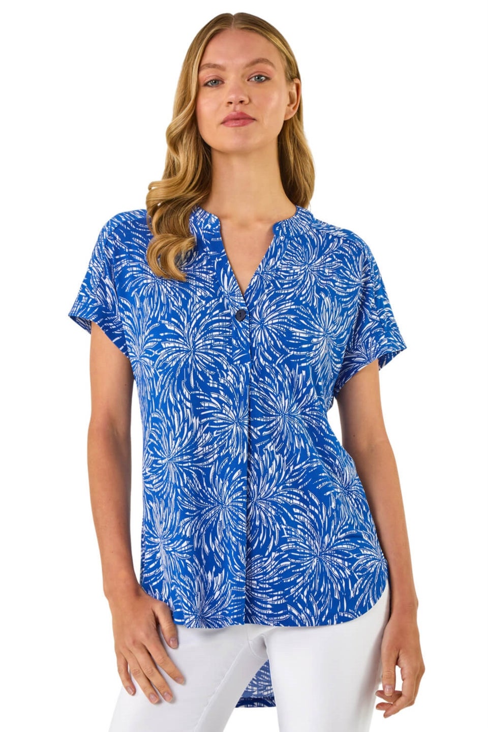Roman Royal Blue Abstract Print V Neck Stretch Top