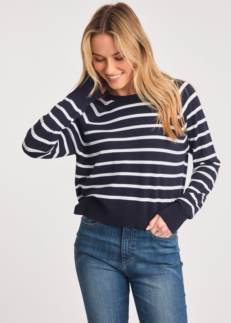French Connection Navy Crew Neck Long Sleeve Striped Knit Jumper
