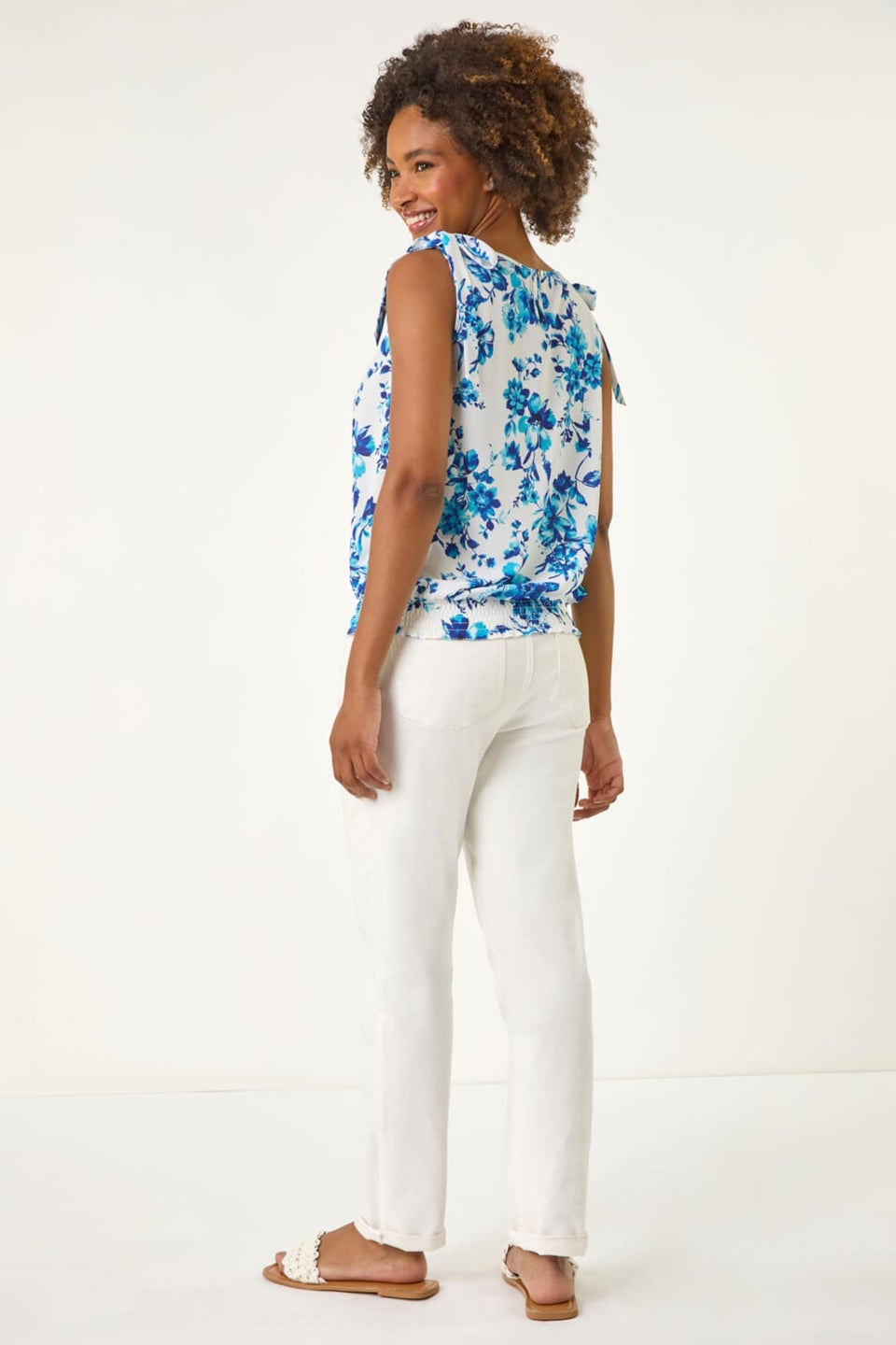 Roman Blue Floral Print Bow Detail Stretch Top
