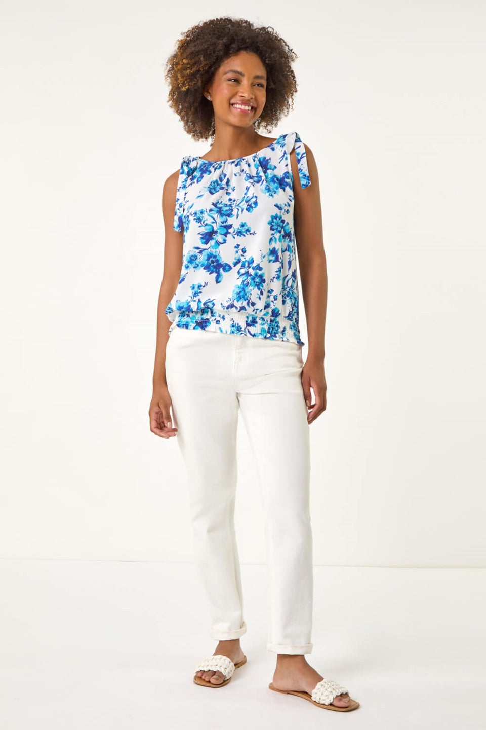 Roman Blue Floral Print Bow Detail Stretch Top