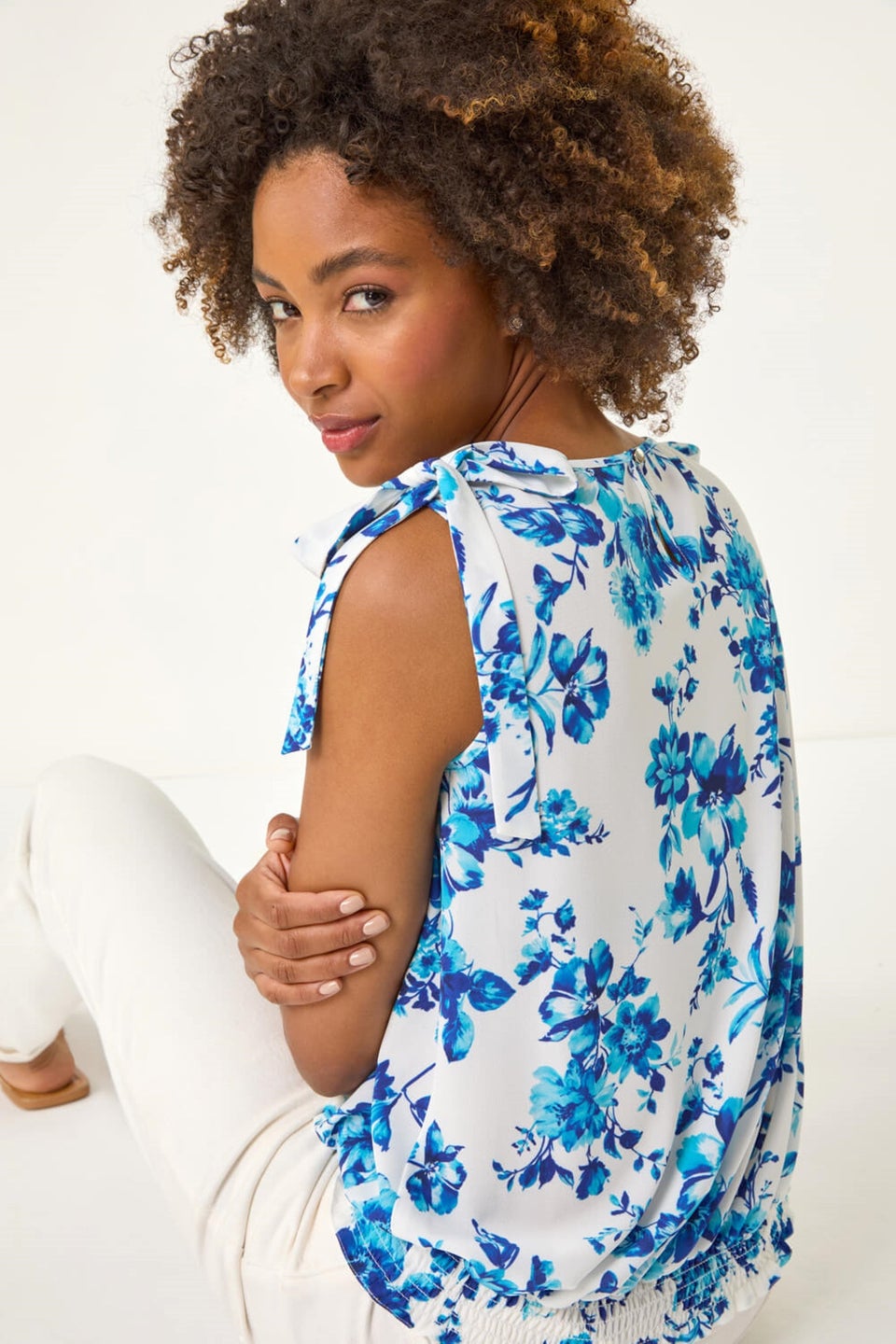 Roman Blue Floral Print Bow Detail Stretch Top