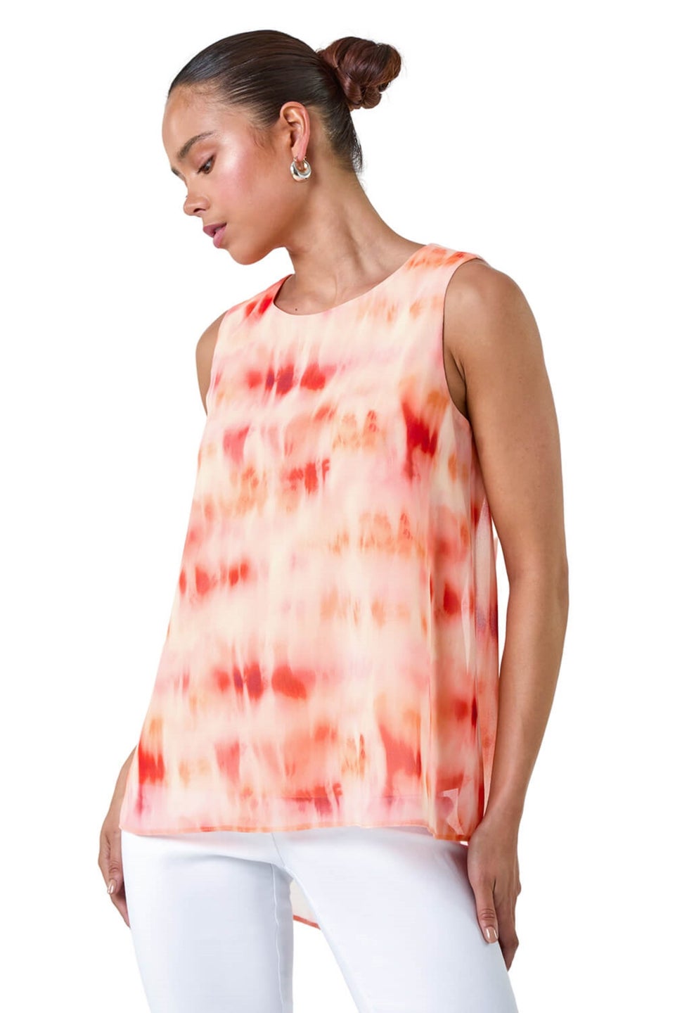Roman Coral Petite Sleeveless Tie Dye Print Top