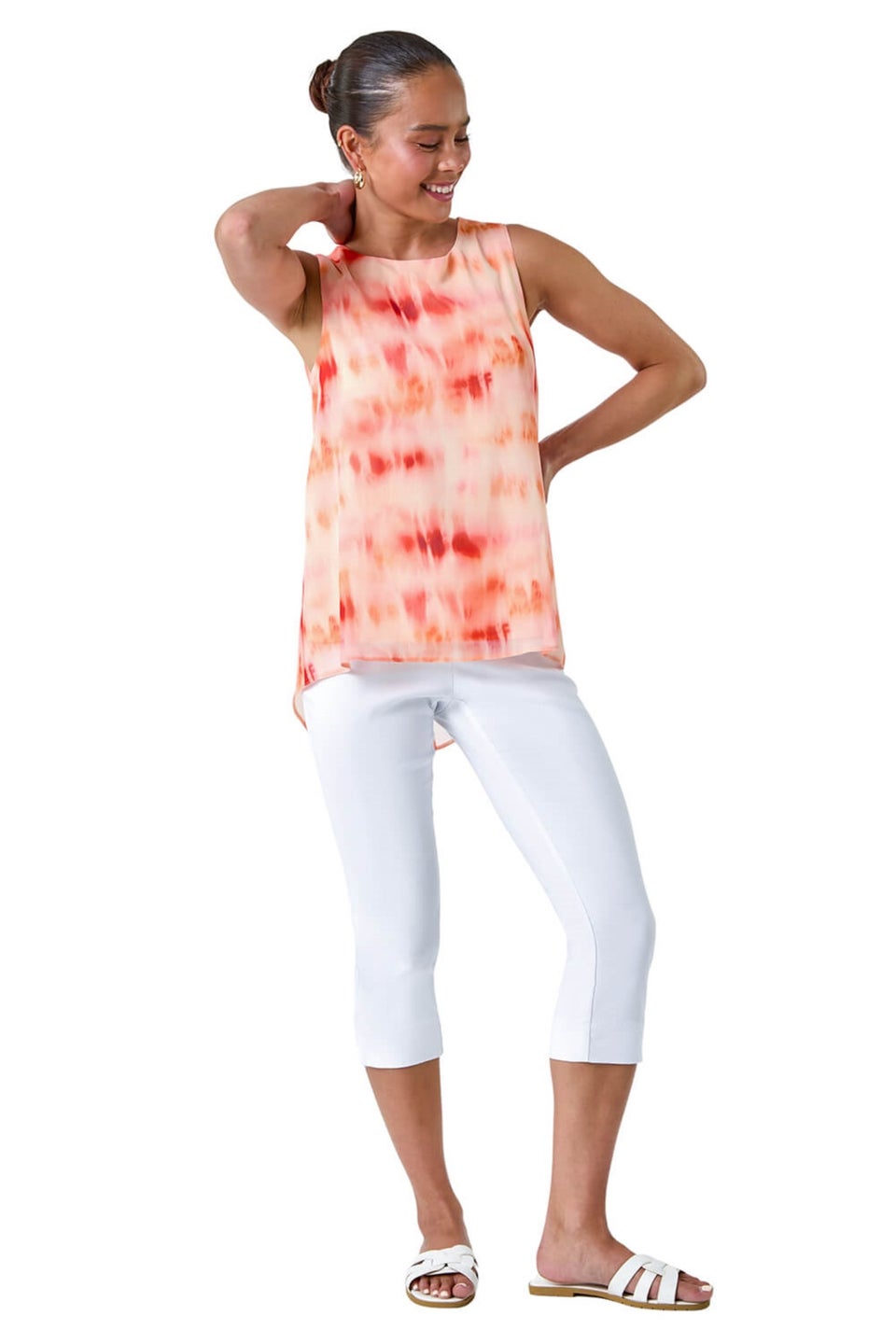 Roman Coral Petite Sleeveless Tie Dye Print Top