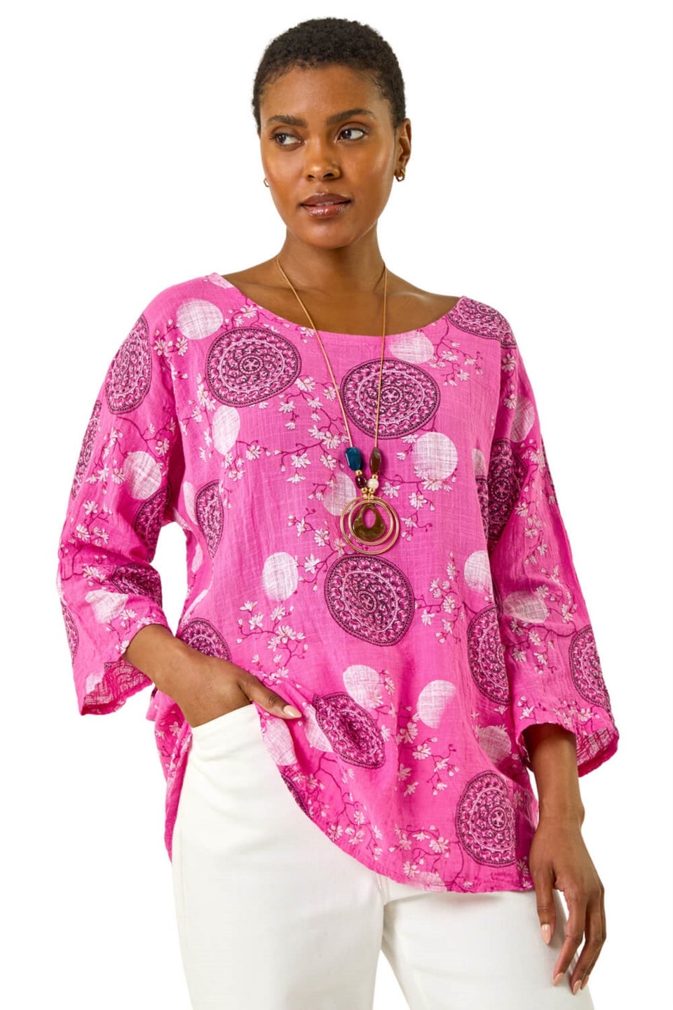 Roman Pink Floral Embroidered Cotton Top with Necklace