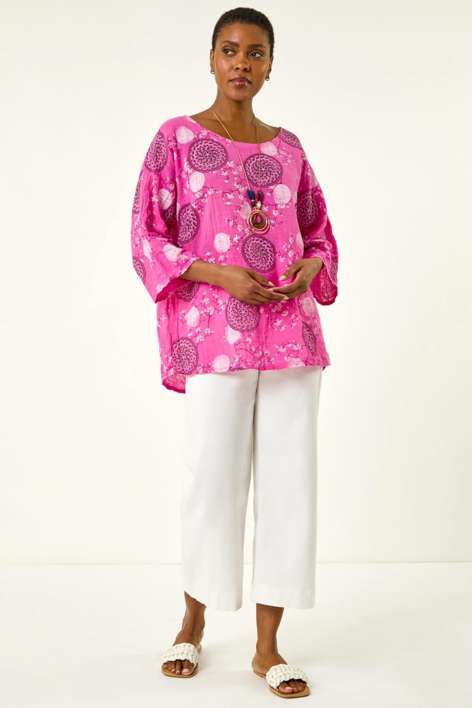 Roman Pink Floral Embroidered Cotton Top with Necklace