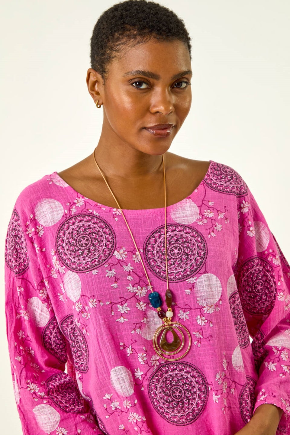 Roman Pink Floral Embroidered Cotton Top with Necklace