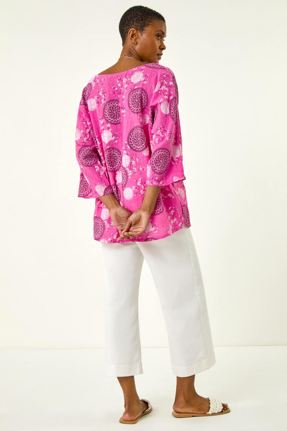 Roman Pink Floral Embroidered Cotton Top with Necklace