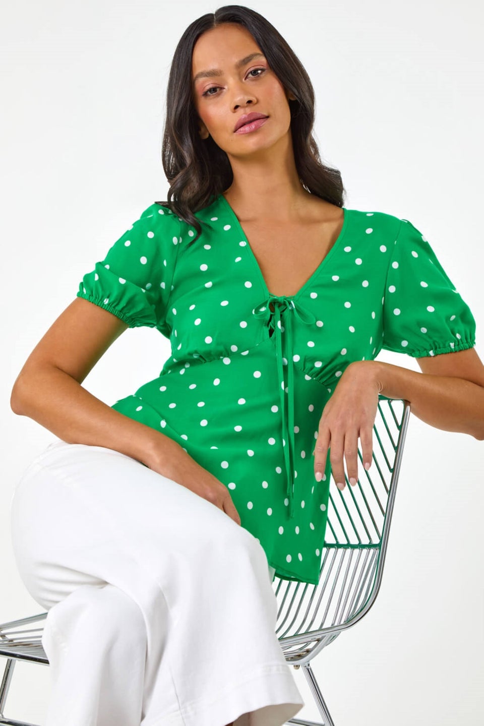 Dusk Green Dusk Spot Print Tie Front Top