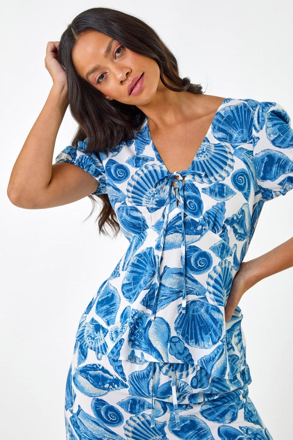 Dusk Blue Dusk Shell Print V Neck Tie Top