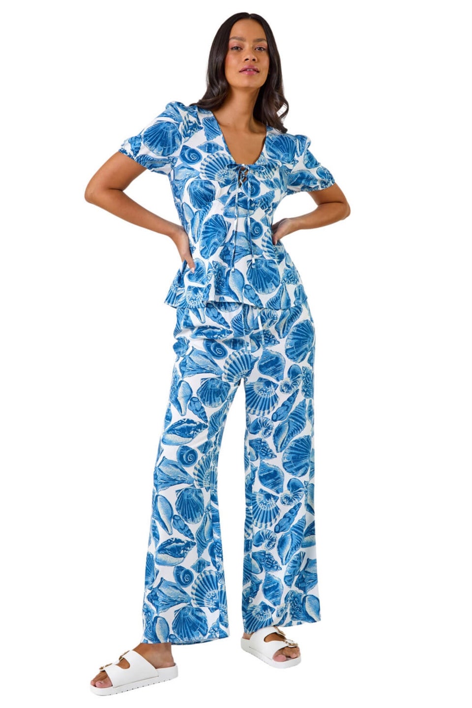 Dusk Blue Dusk Shell Print V Neck Tie Top