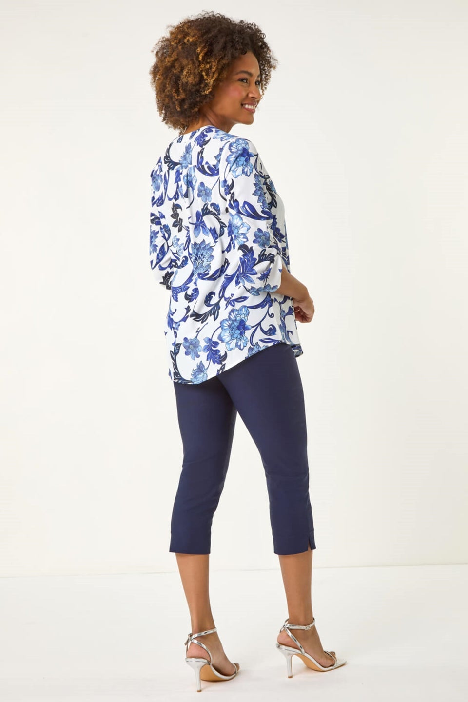 Roman Blue Floral Print Gathered Blouse