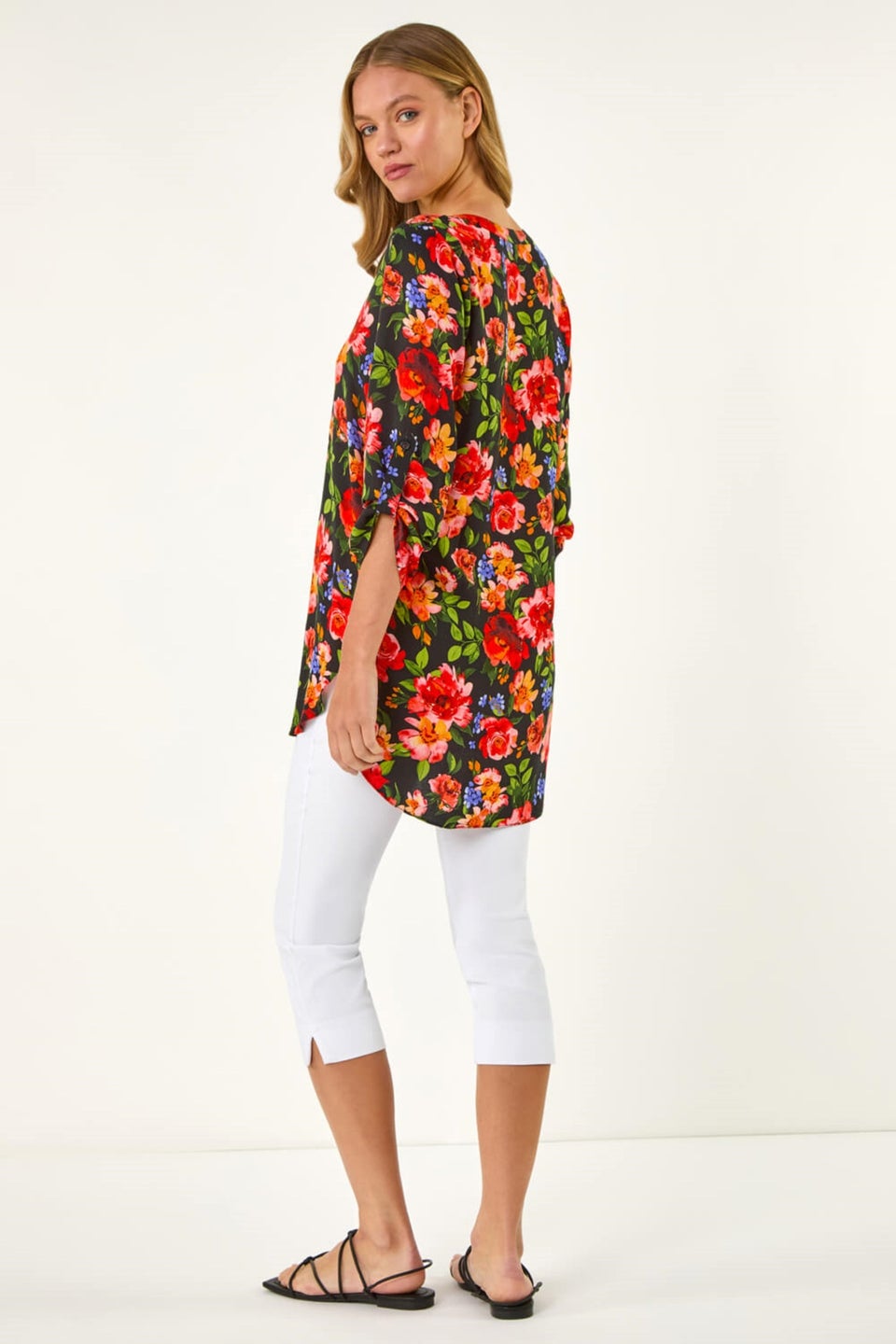 Roman Red Floral Longline Button Top