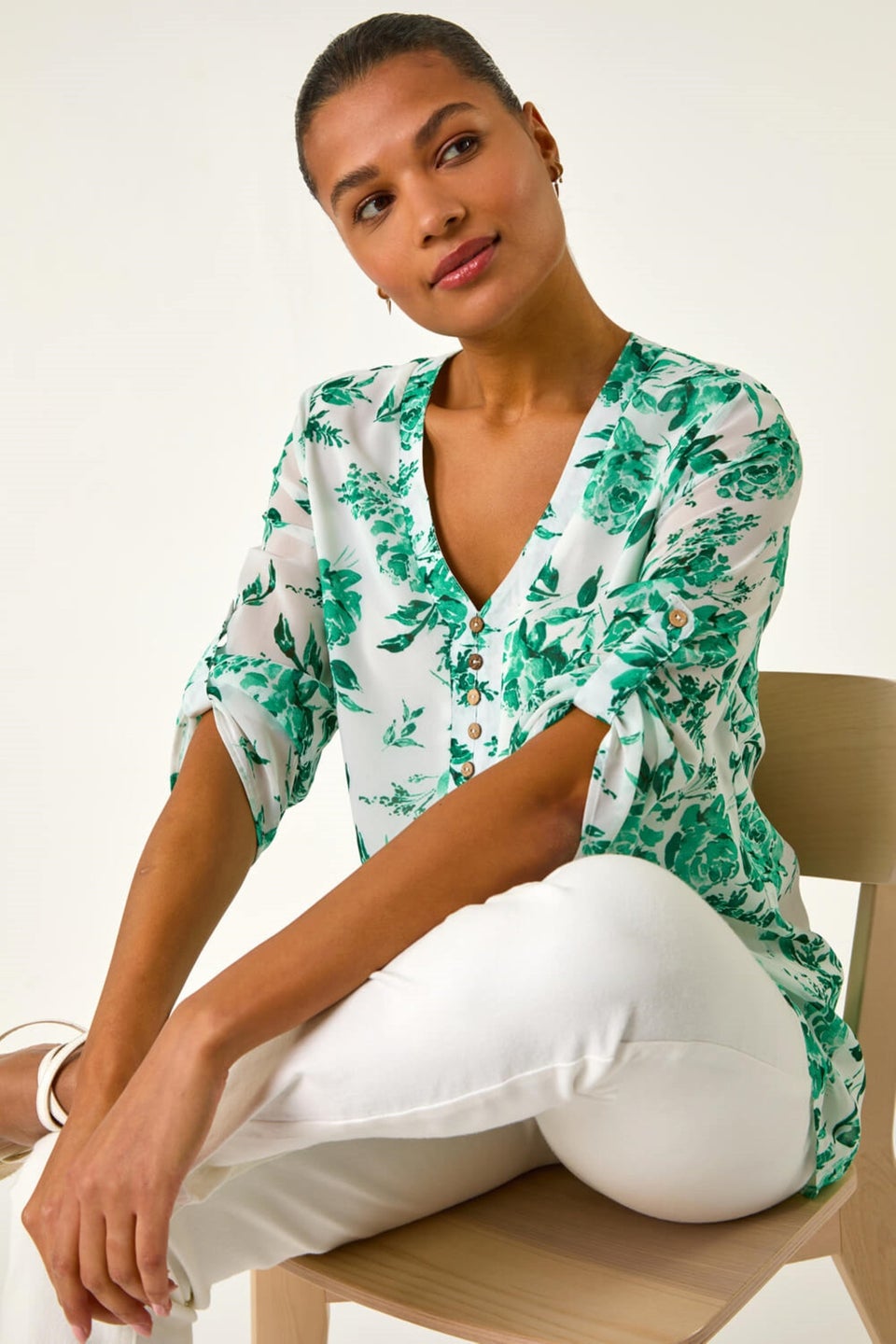 Roman Green Floral Print V Neck Button Front Top