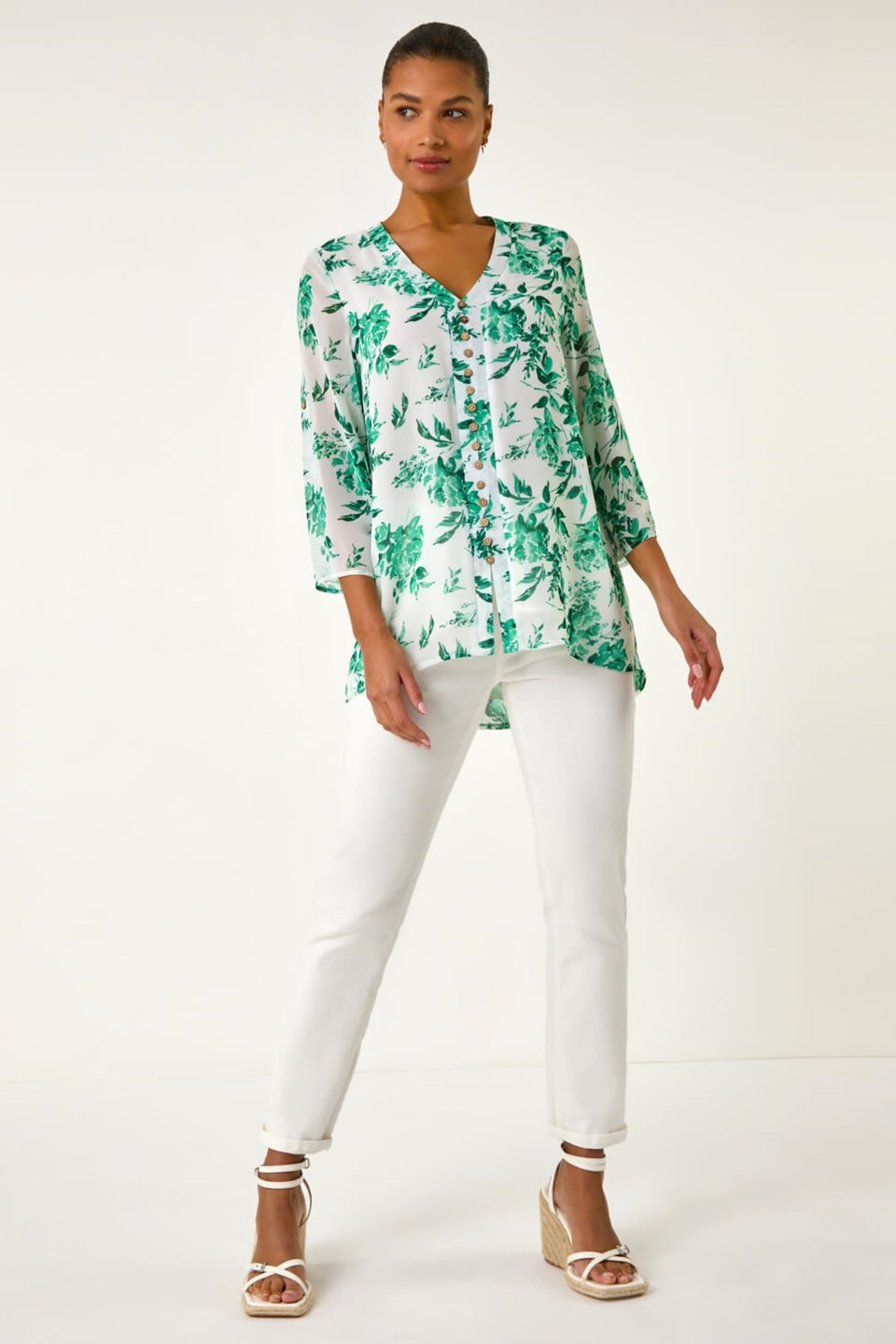 Roman Green Floral Print V Neck Button Front Top