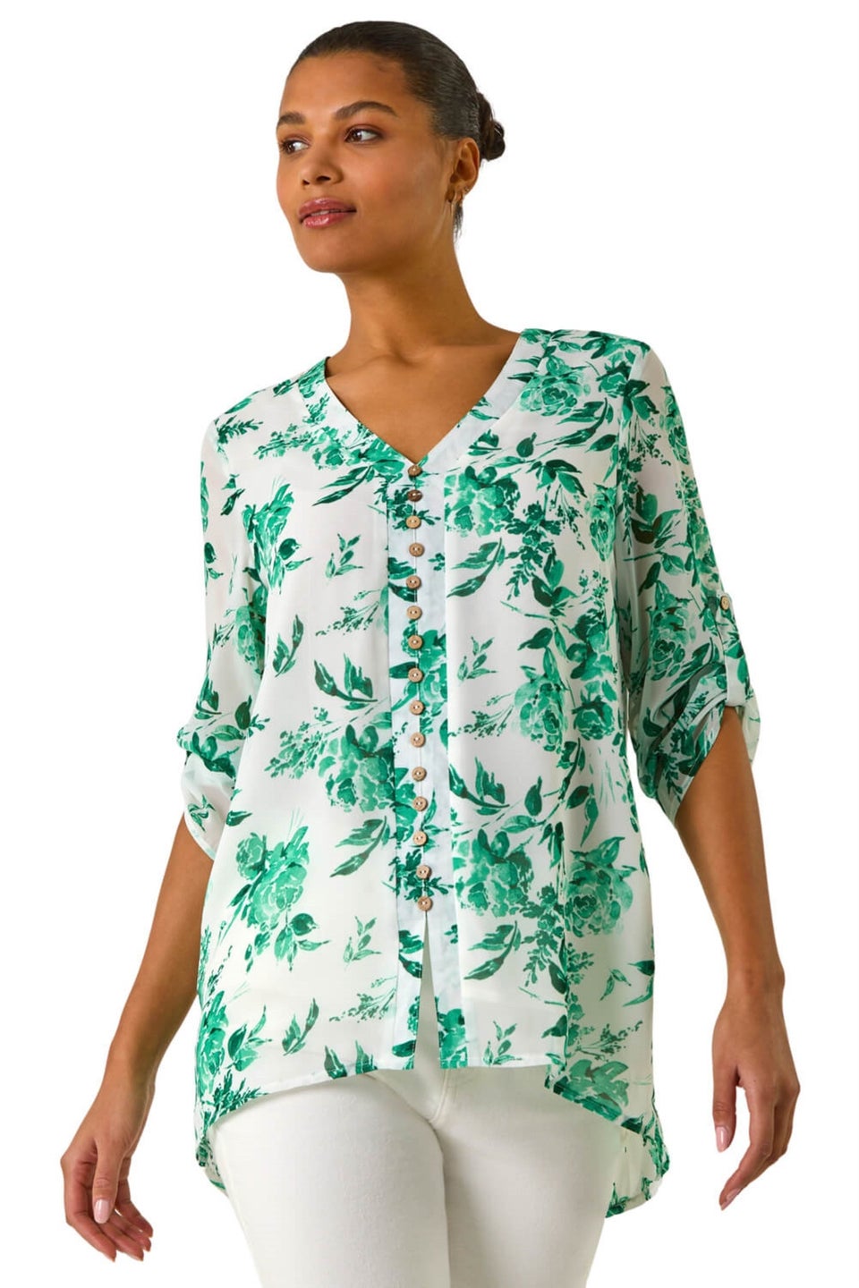 Roman Green Floral Print V Neck Button Front Top