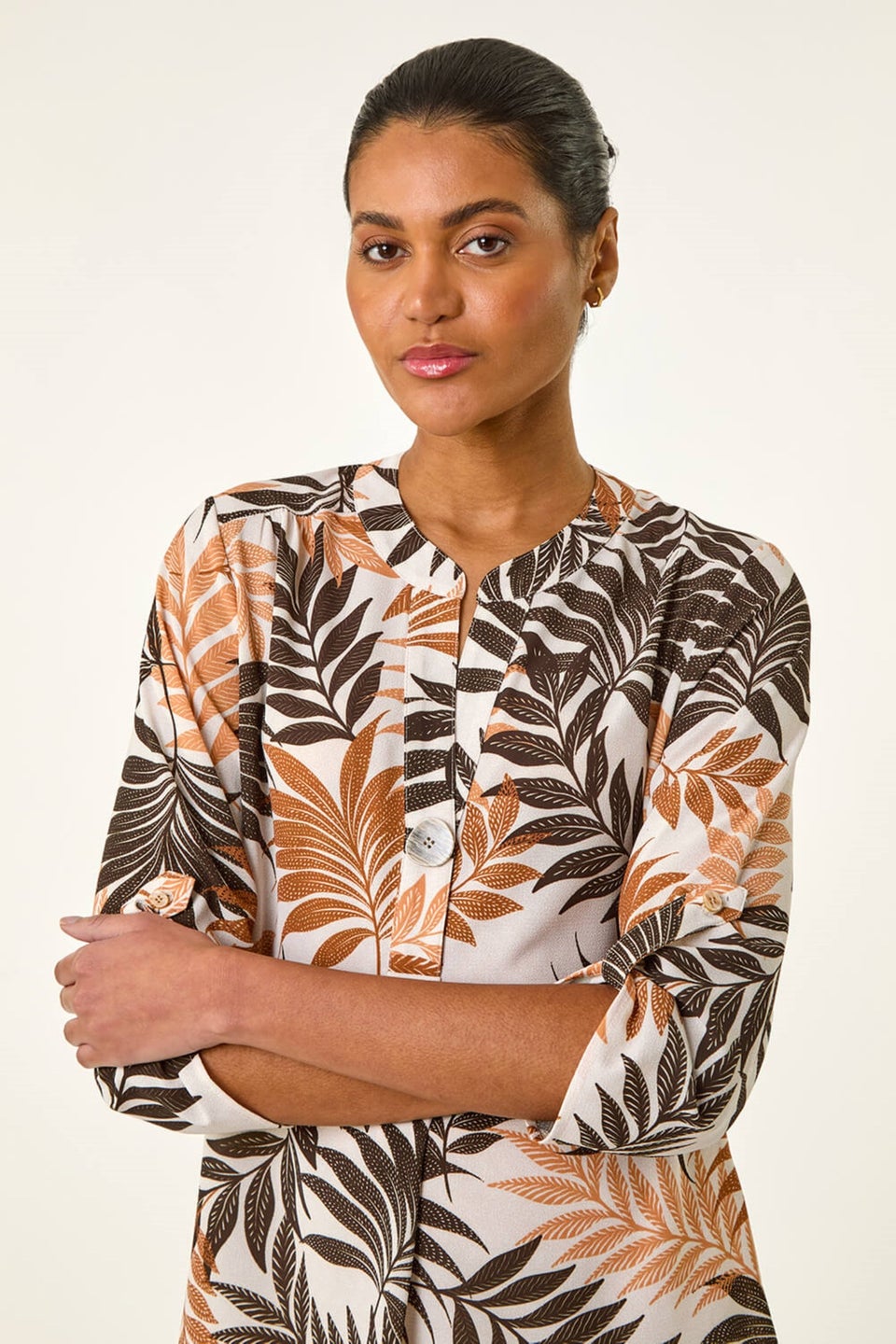 Roman Brown Leaf Print V Neck Stretch Shirt
