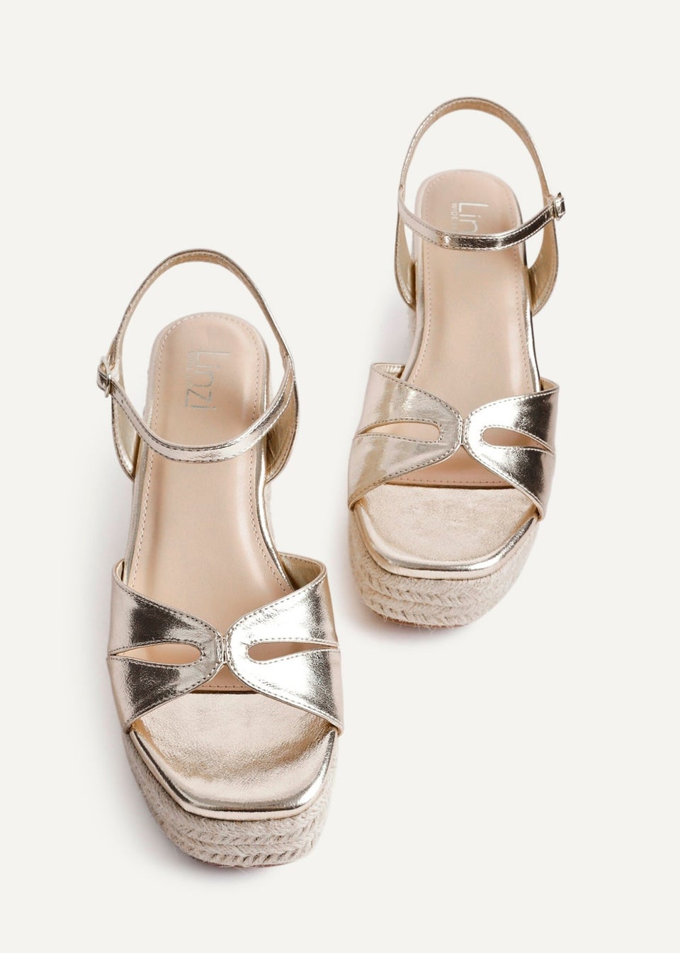 Linzi Sian Wide Fit Gold Faux Leather Linked Design Wedges