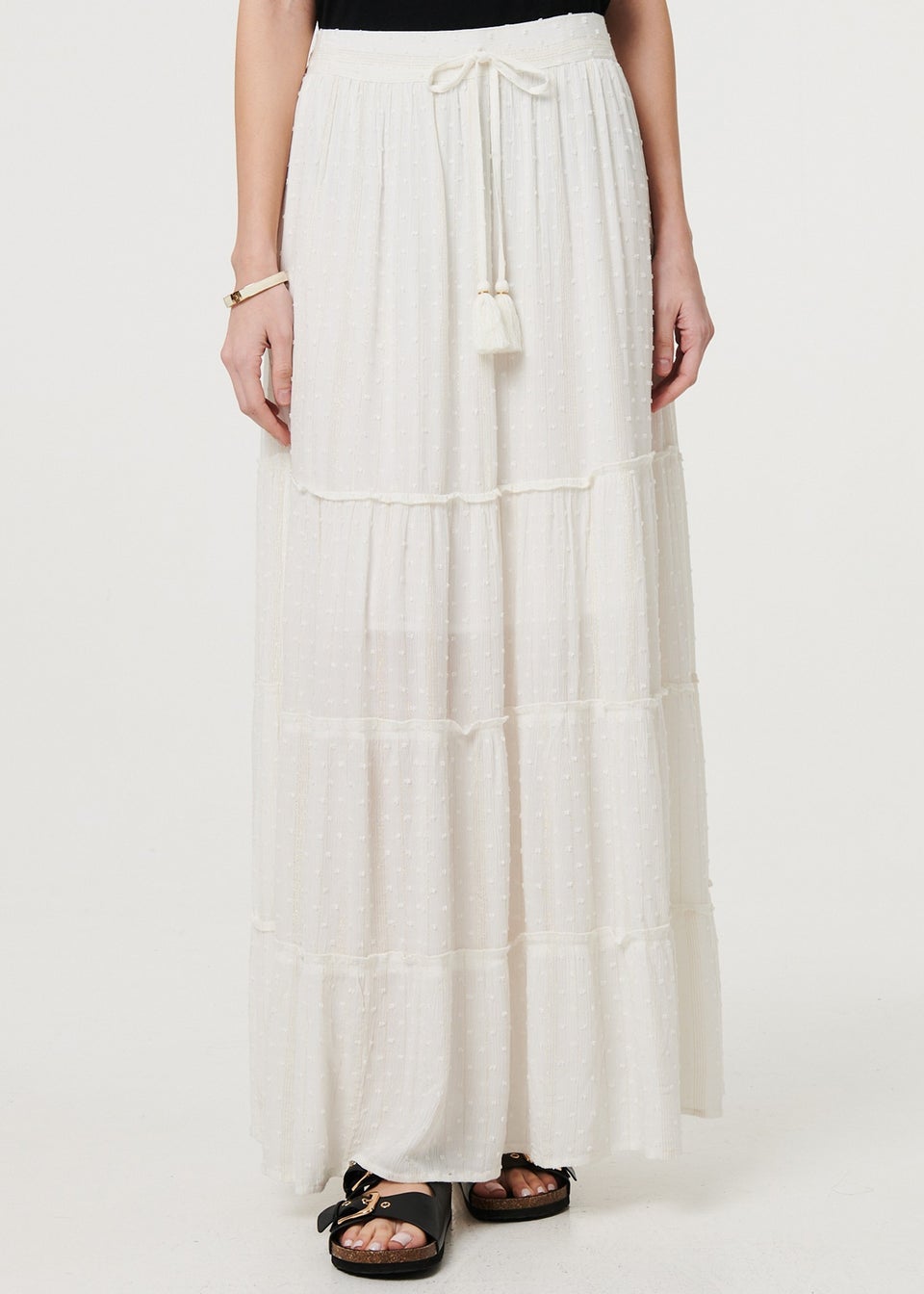 Izabel London White Textured High Waist Tiered Maxi Skirt