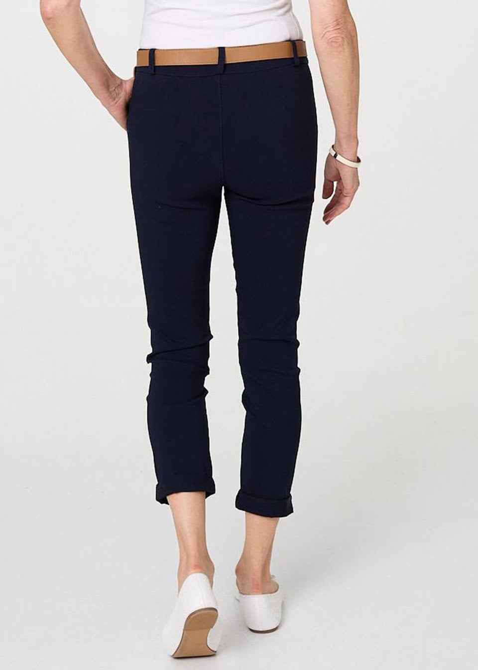 Izabel London Navy Belt Detail Slim Fit Cropped Trousers