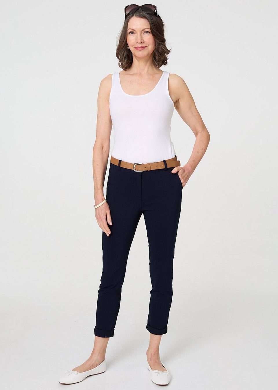 Izabel London Navy Belt Detail Slim Fit Cropped Trousers