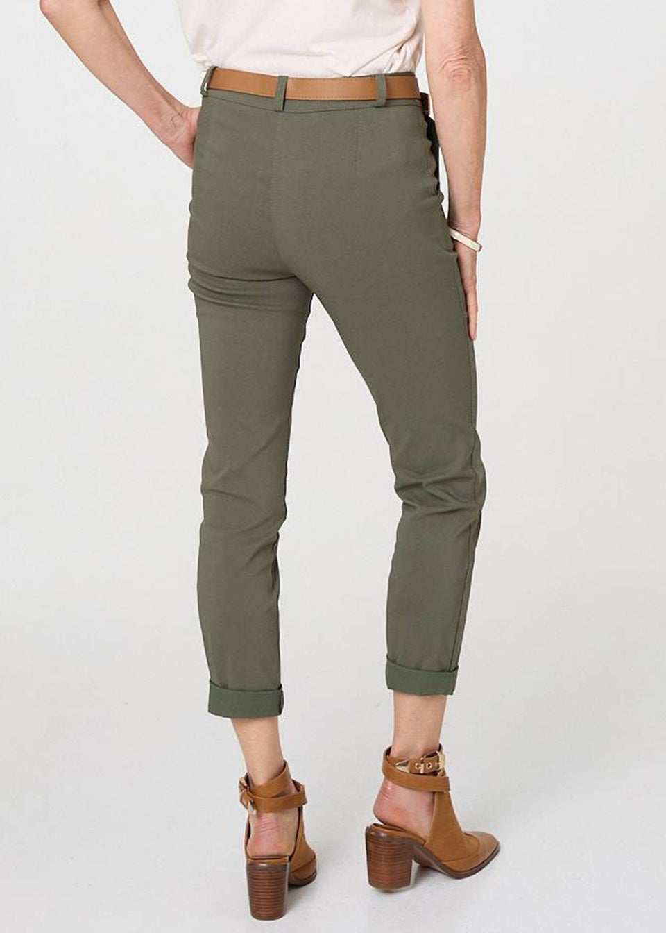 Izabel London Khaki Belt Detail Slim Fit Cropped Trousers