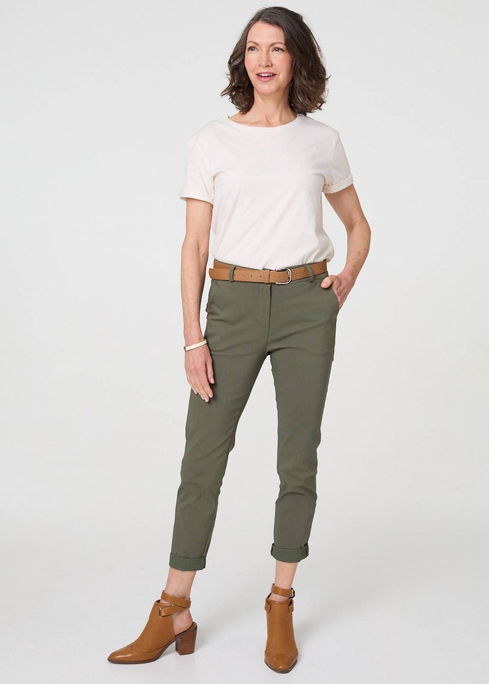 Izabel London Khaki Belt Detail Slim Fit Cropped Trousers